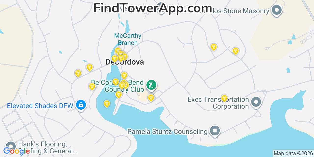 Map showing the 20 primary cell tower locations detected in Decordova, Texas from AT&T, Verizon, and T-Mobile networks