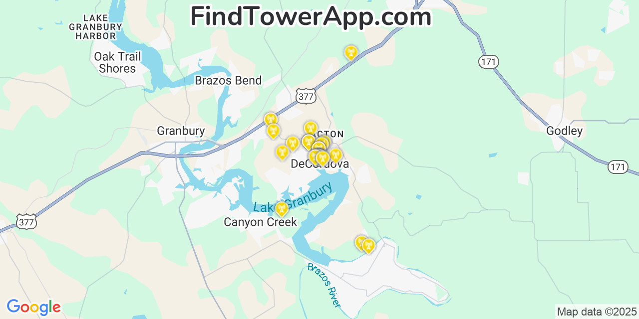 Map showing the 30 primary T-Mobile cell tower locations detected in Decordova, Texas with coverage radius and signal strength indicators