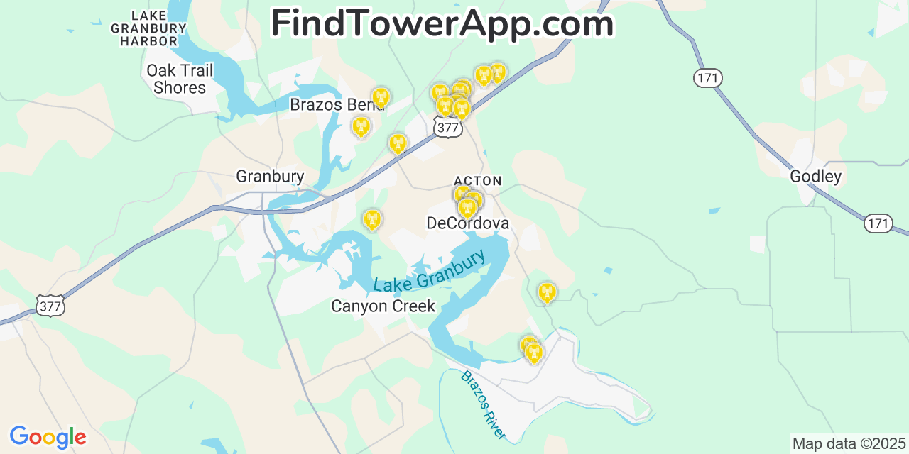 Map showing the 22 primary Verizon cell tower locations detected in Decordova, Texas with coverage radius and signal strength indicators