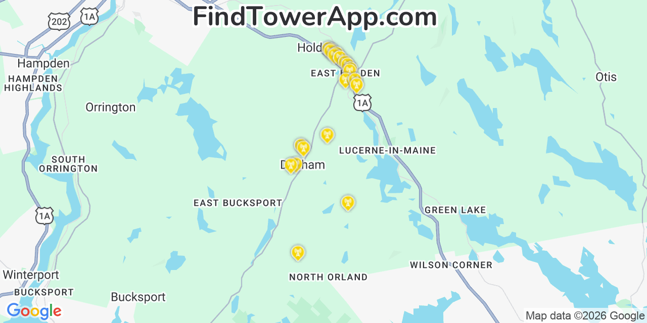 Map showing the 20 primary cell tower locations detected in Dedham, Maine from AT&T, Verizon, and T-Mobile networks
