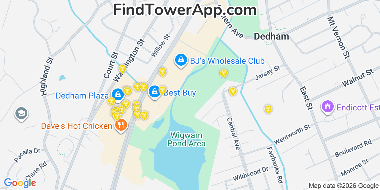 Map showing the 20 primary cell tower locations detected in Dedham, Massachusetts from AT&T, Verizon, and T-Mobile networks