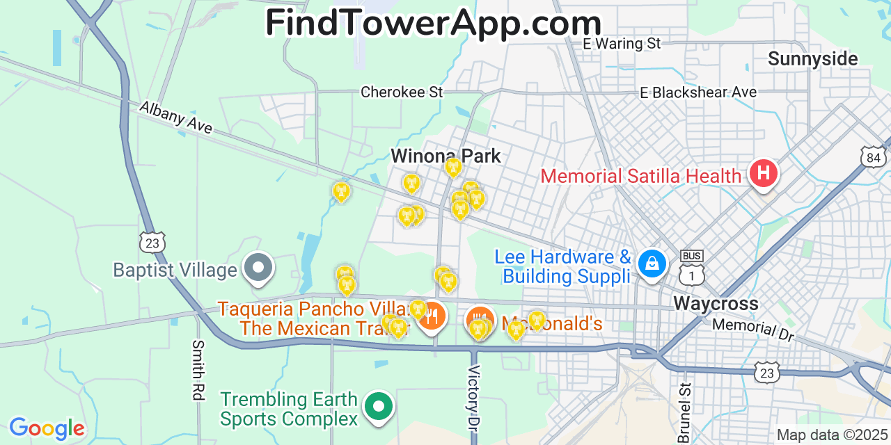Map showing the 20 primary cell tower locations detected in Deenwood, Georgia from AT&T, Verizon, and T-Mobile networks