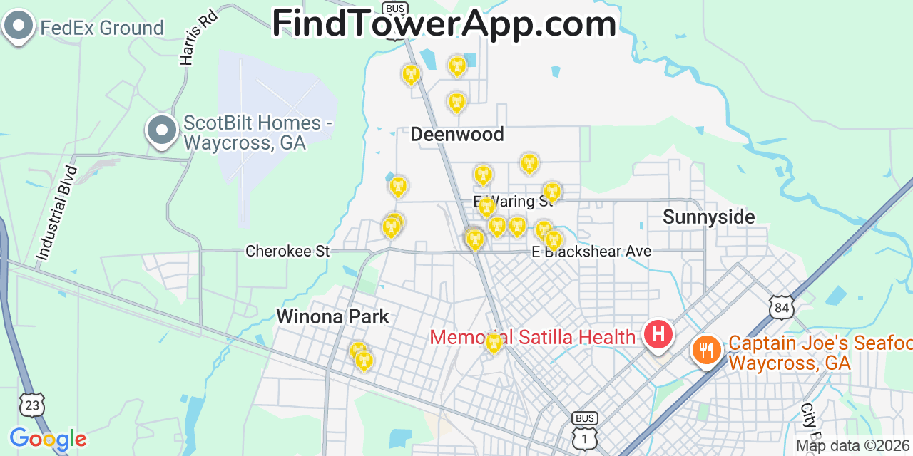 Map showing the 20 primary cell tower locations detected in Deenwood, Georgia from AT&T, Verizon, and T-Mobile networks