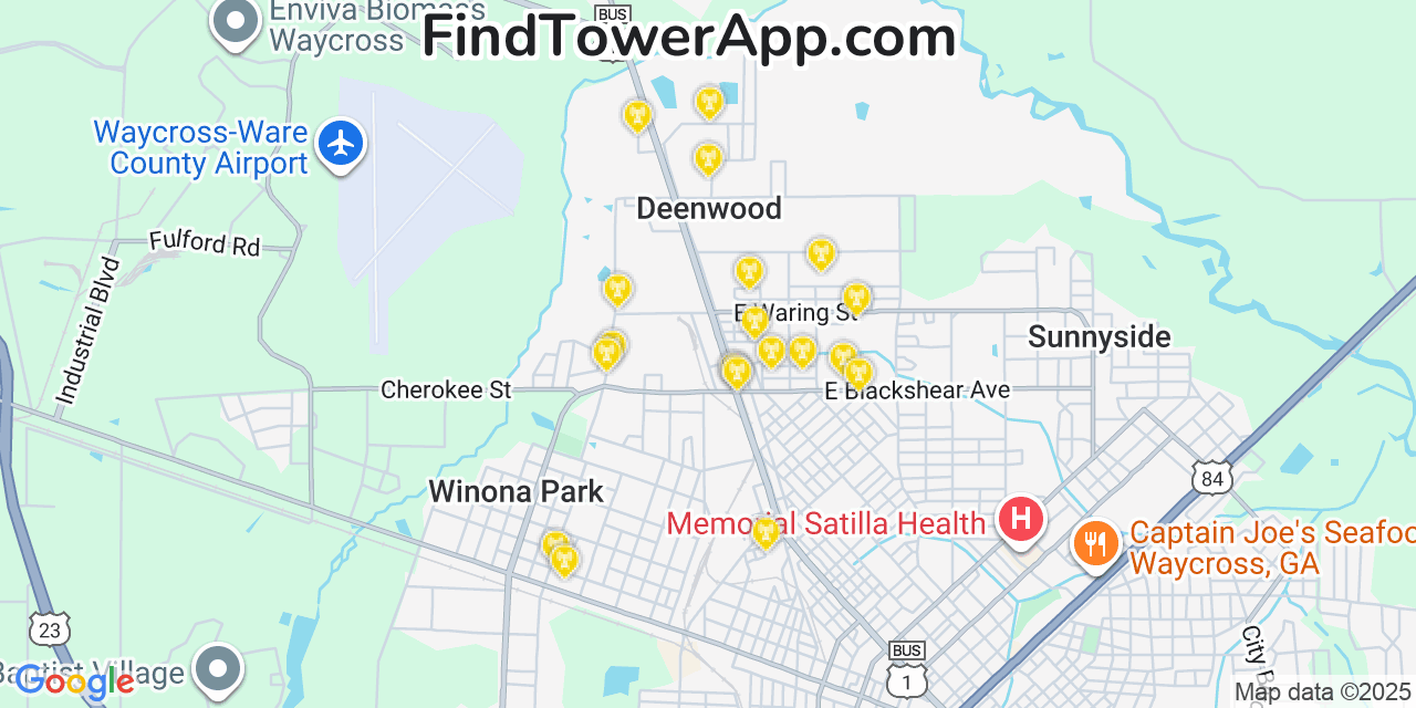 Map showing the 20 primary Mobitel cell tower locations detected in Deenwood, Georgia with coverage radius and signal strength indicators