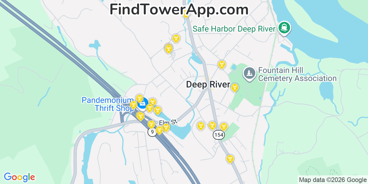 Map showing the 20 primary cell tower locations detected in Deep River Center, Connecticut from AT&T, Verizon, and T-Mobile networks
