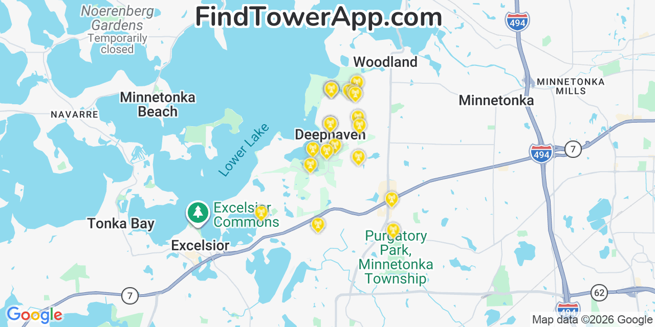 Map showing the 20 primary cell tower locations detected in Deephaven, Minnesota from AT&T, Verizon, and T-Mobile networks