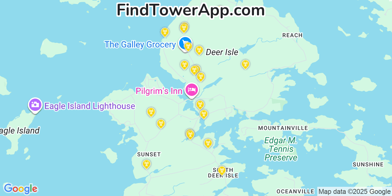 Map showing the 20 primary cell tower locations detected in Deer Isle, Maine from AT&T, Verizon, and T-Mobile networks
