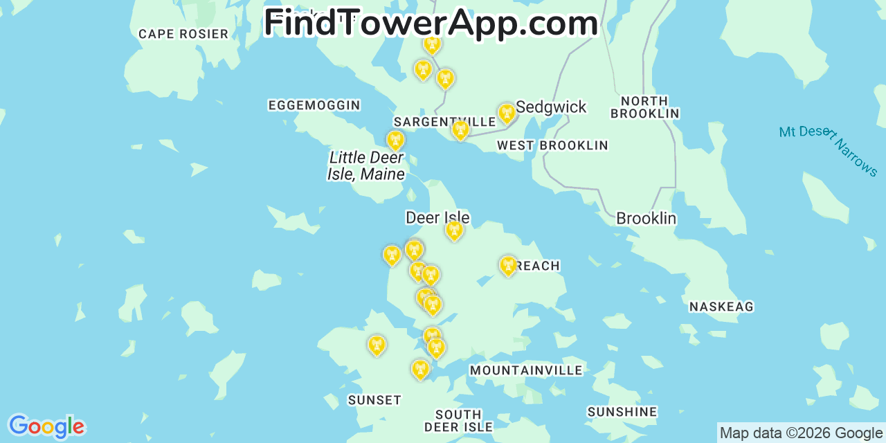 Map showing the 20 primary cell tower locations detected in Deer Isle, Maine from AT&T, Verizon, and T-Mobile networks