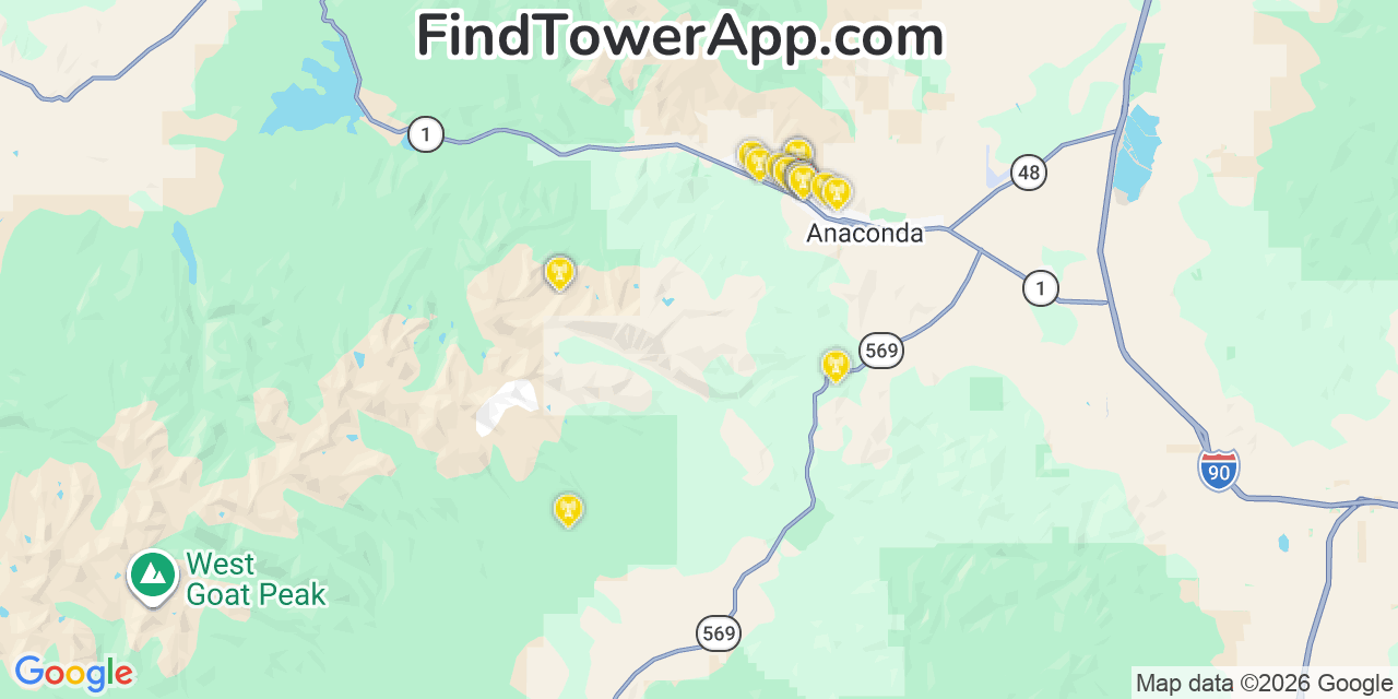 Map showing the 20 primary cell tower locations detected in Deer Lodge, Montana from AT&T, Verizon, and T-Mobile networks