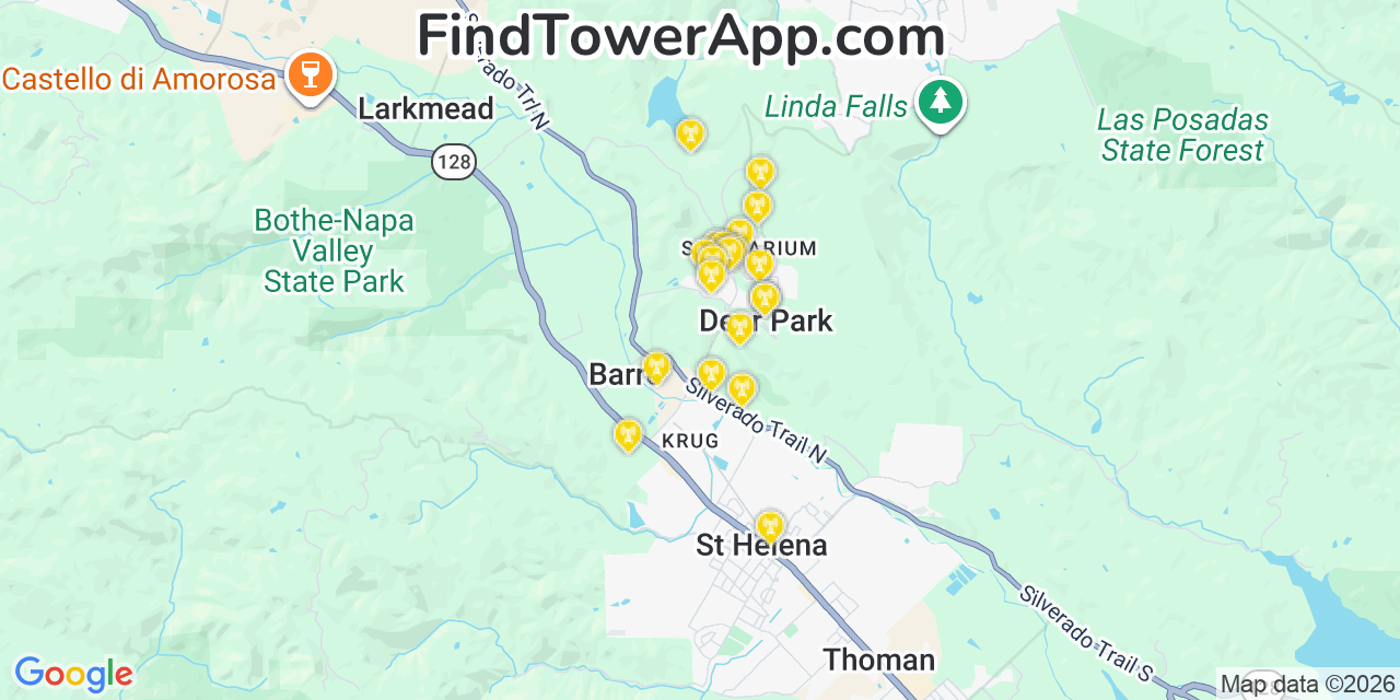 Map showing the 20 primary cell tower locations detected in Deer Park, California from AT&T, Verizon, and T-Mobile networks
