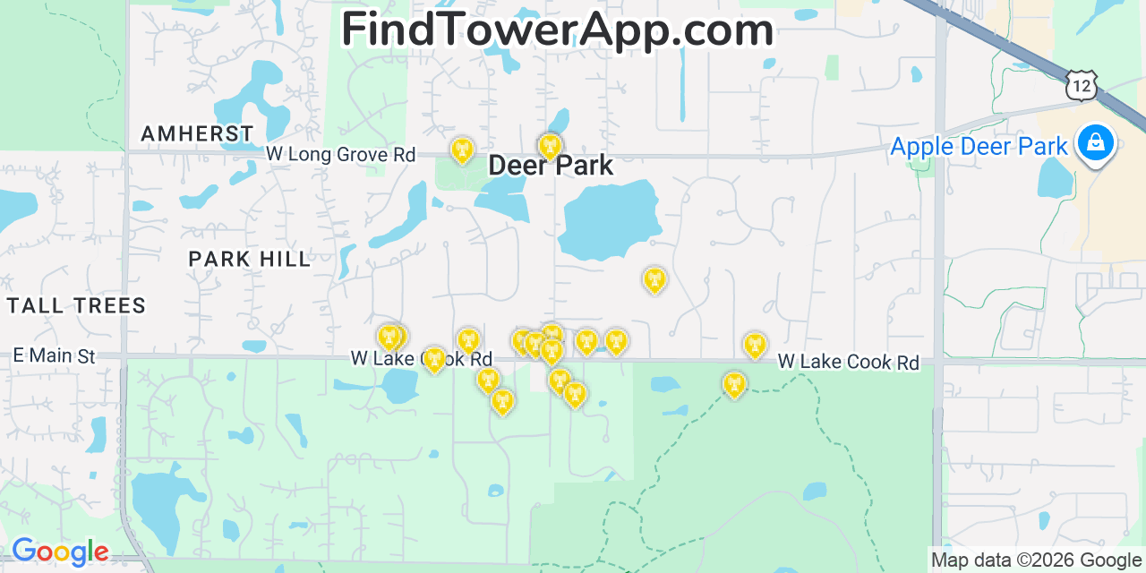 Map showing the 20 primary cell tower locations detected in Deer Park, Illinois from AT&T, Verizon, and T-Mobile networks