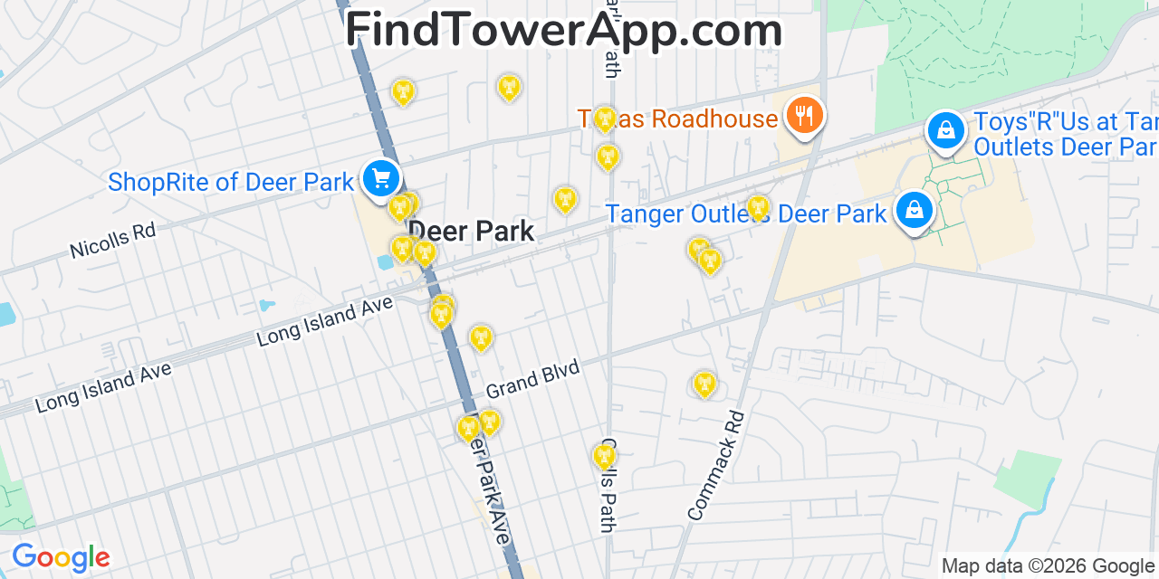 Map showing the 20 primary cell tower locations detected in Deer Park, New York from AT&T, Verizon, and T-Mobile networks