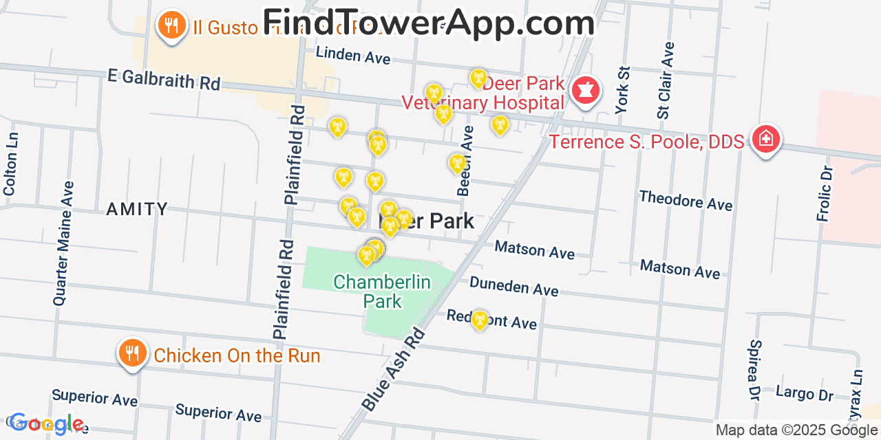 Map showing the 20 primary cell tower locations detected in Deer Park, Ohio from AT&T, Verizon, and T-Mobile networks