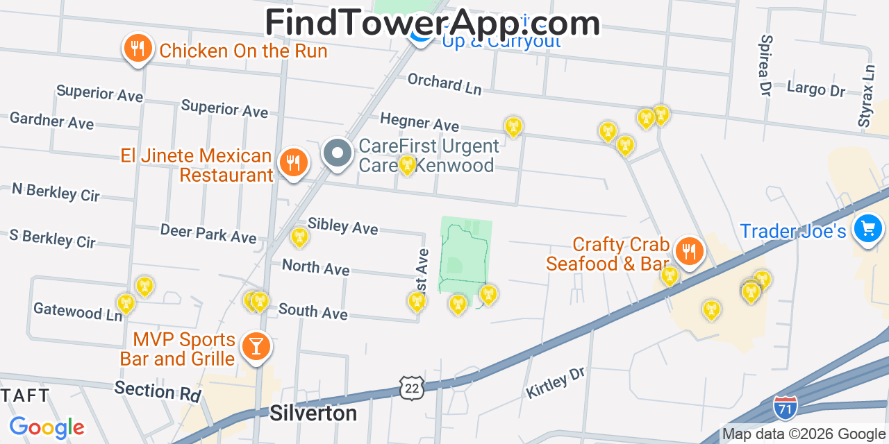 Map showing the 20 primary cell tower locations detected in Deer Park, Ohio from AT&T, Verizon, and T-Mobile networks