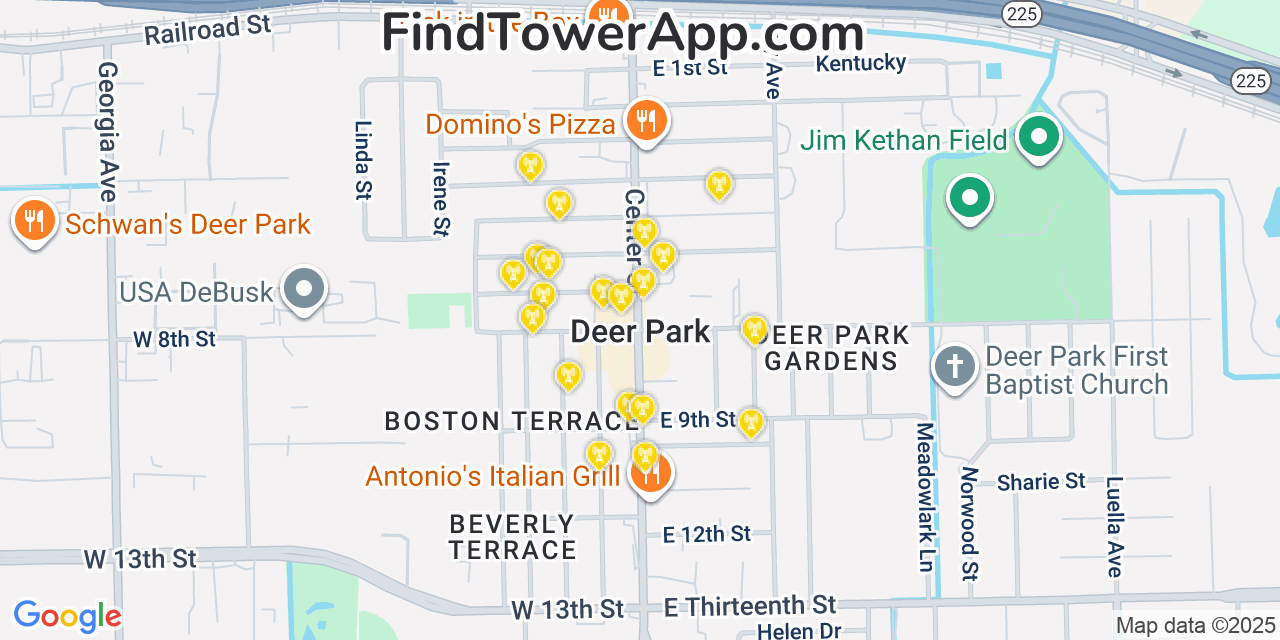 Map showing the 20 primary cell tower locations detected in Deer Park, Texas from AT&T, Verizon, and T-Mobile networks