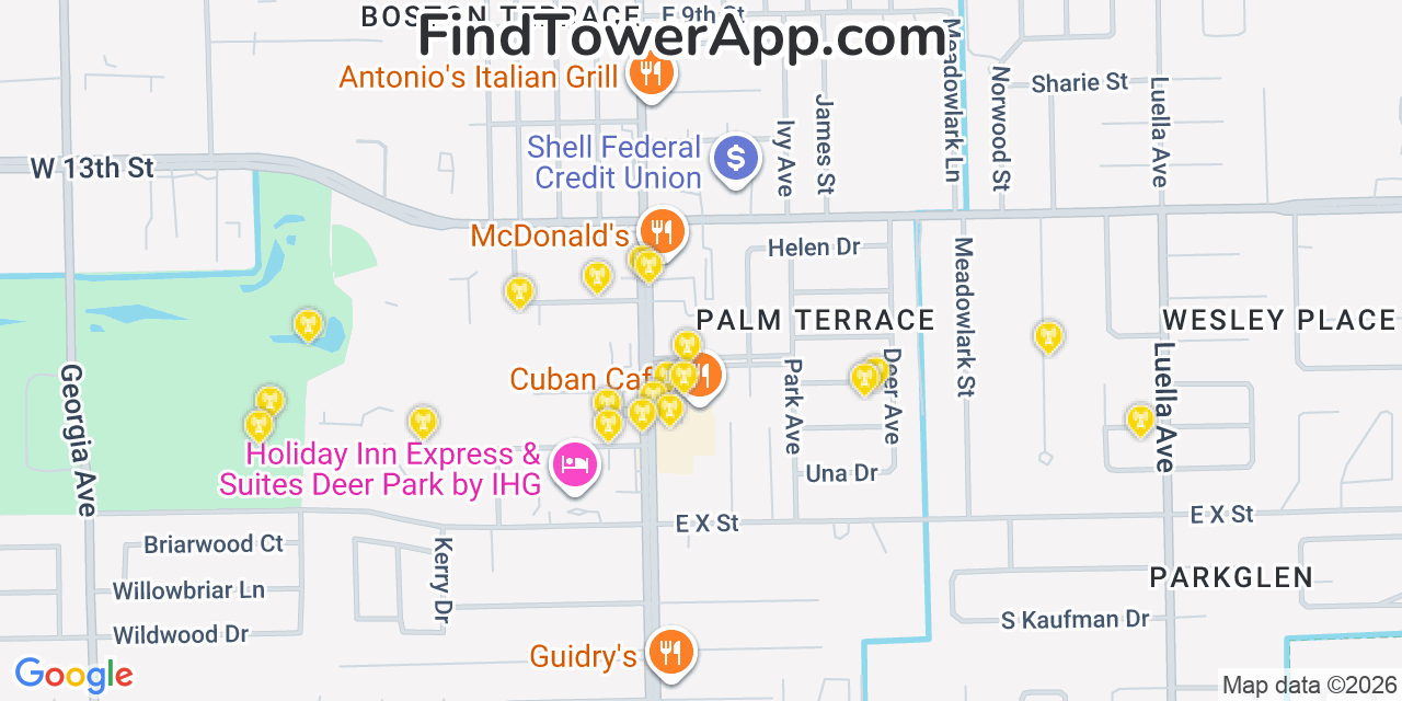 Map showing the 20 primary cell tower locations detected in Deer Park, Texas from AT&T, Verizon, and T-Mobile networks