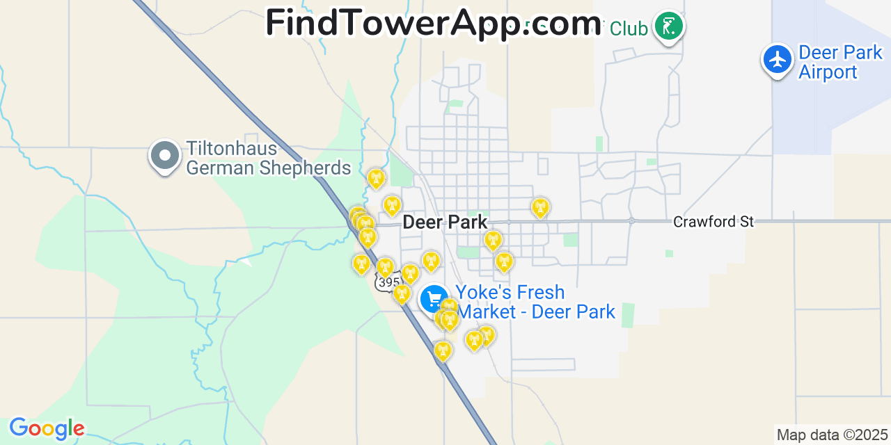 Map showing the 20 primary cell tower locations detected in Deer Park, Washington from AT&T, Verizon, and T-Mobile networks