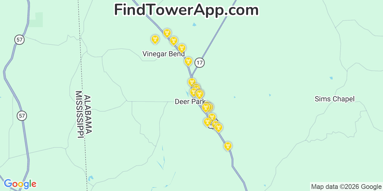 Map showing the 20 primary cell tower locations detected in Deer Park, Washington from AT&T, Verizon, and T-Mobile networks