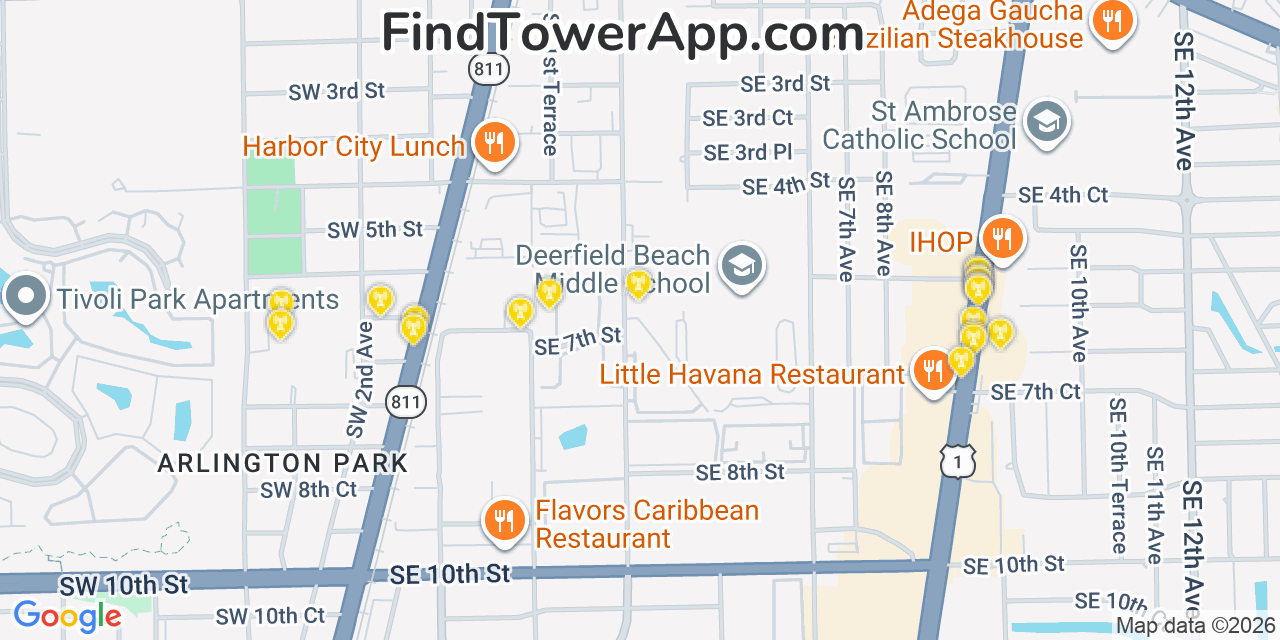 Map showing the 20 primary cell tower locations detected in Deerfield Beach, Florida from AT&T, Verizon, and T-Mobile networks