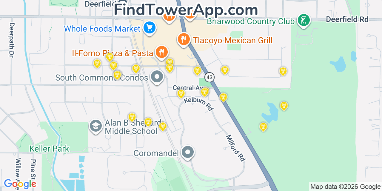 Map showing the 20 primary cell tower locations detected in Deerfield, Illinois from AT&T, Verizon, and T-Mobile networks