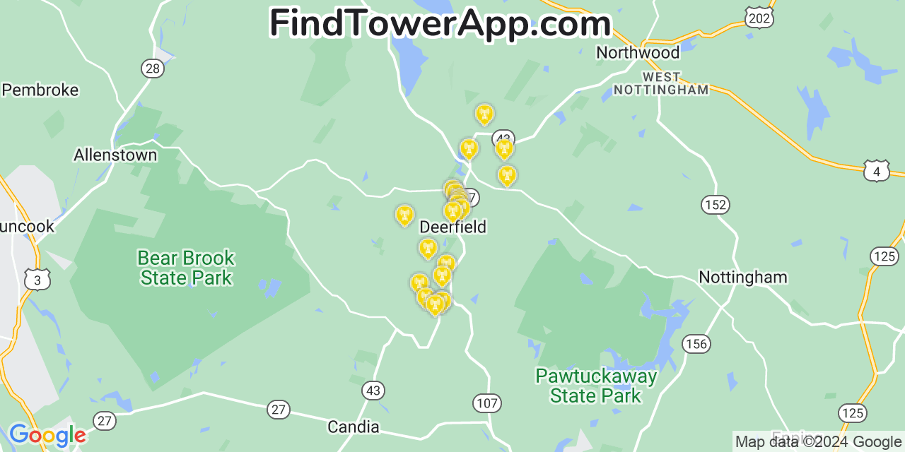 AT&T 4G/5G cell tower coverage map Deerfield, New Hampshire