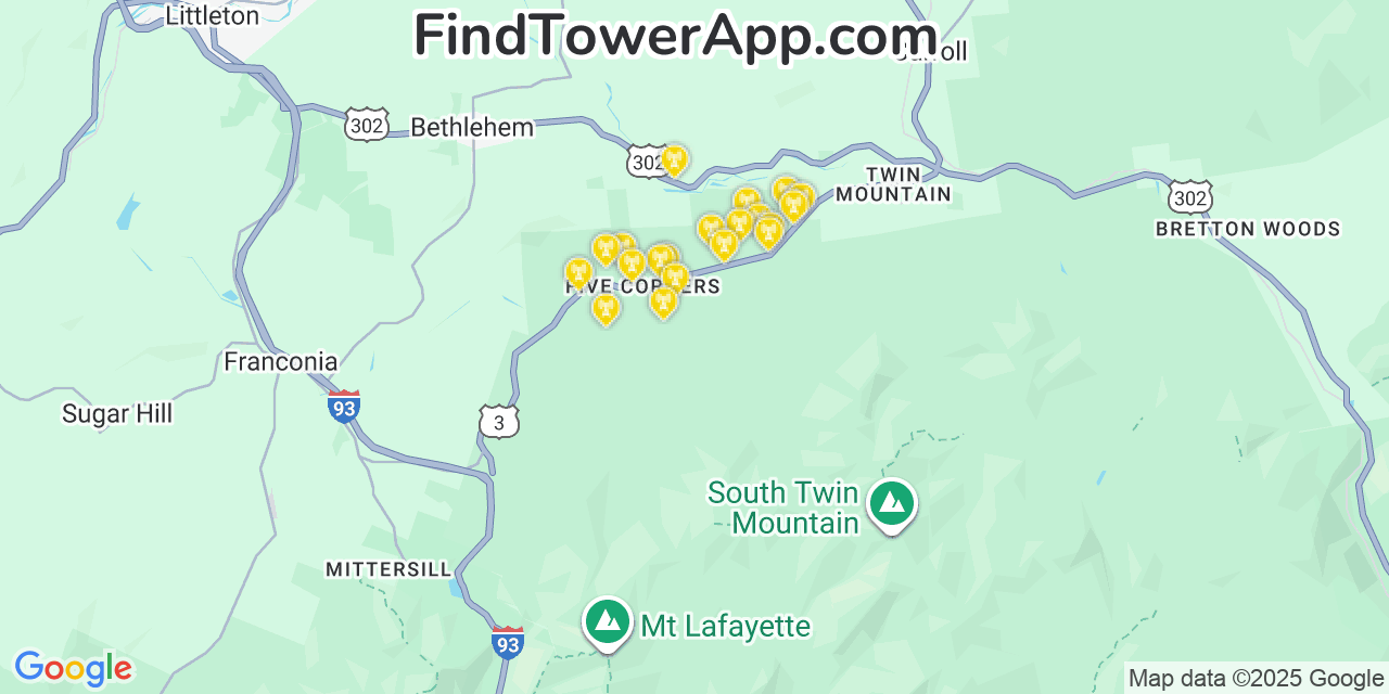 Map showing the 20 primary cell tower locations detected in Deerfield, New Hampshire from AT&T, Verizon, and T-Mobile networks