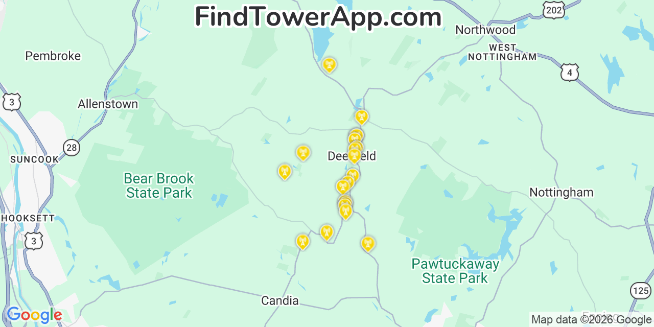 Map showing the 20 primary cell tower locations detected in Deerfield, New Hampshire from AT&T, Verizon, and T-Mobile networks