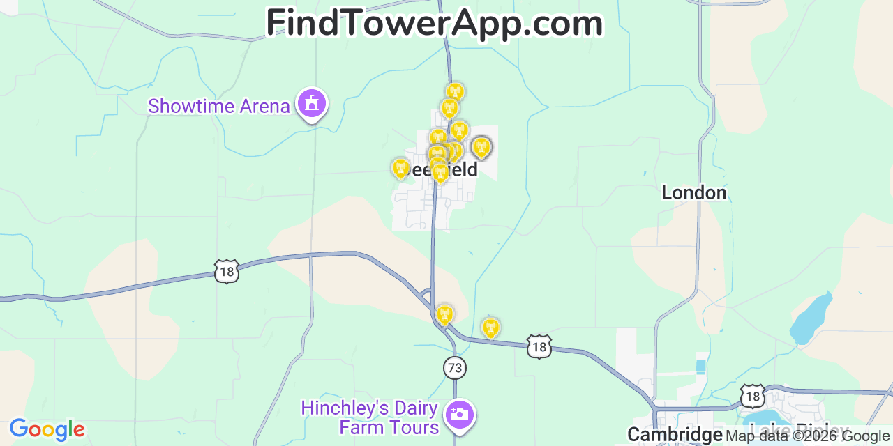 Map showing the 20 primary cell tower locations detected in Deerfield, Wisconsin from AT&T, Verizon, and T-Mobile networks