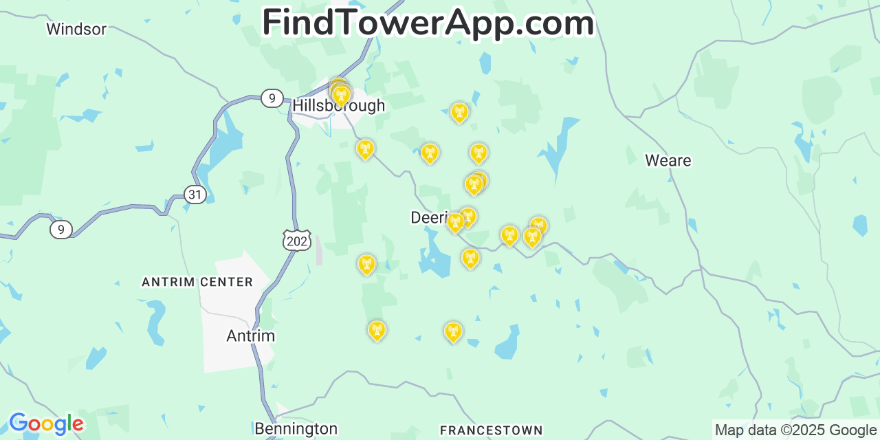 Map showing the 20 primary cell tower locations detected in Deering, New Hampshire from AT&T, Verizon, and T-Mobile networks