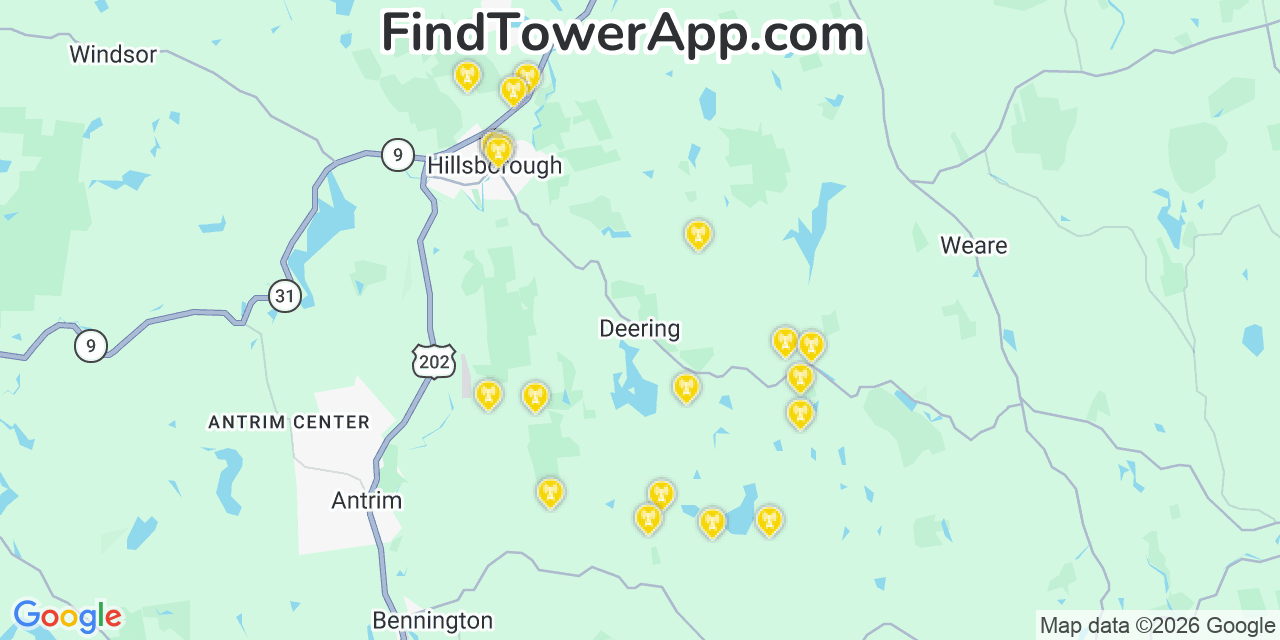 Map showing the 20 primary cell tower locations detected in Deering, New Hampshire from AT&T, Verizon, and T-Mobile networks