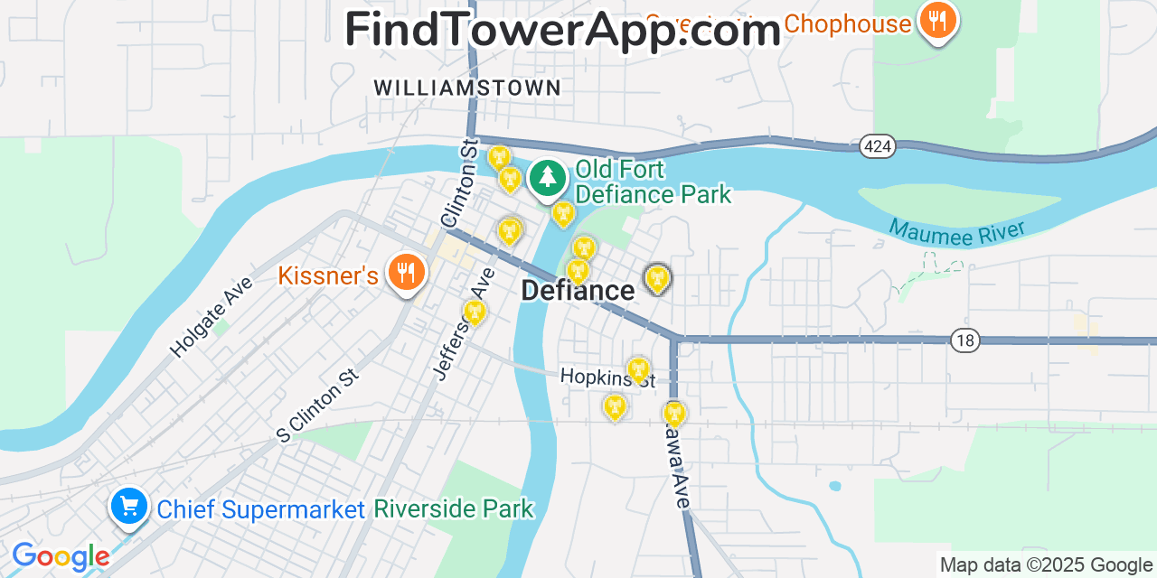 Map showing the 20 primary cell tower locations detected in Defiance, Ohio from AT&T, Verizon, and T-Mobile networks
