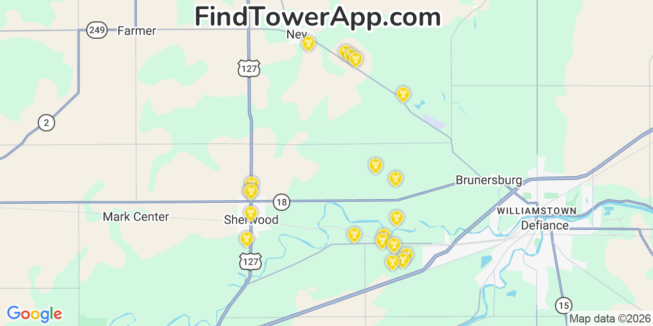 Map showing the 20 primary cell tower locations detected in Defiance, Ohio from AT&T, Verizon, and T-Mobile networks