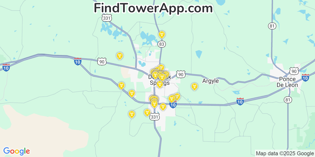 Map showing the 37 primary AT&T cell tower locations detected in Defuniak Springs, Florida with coverage radius and signal strength indicators