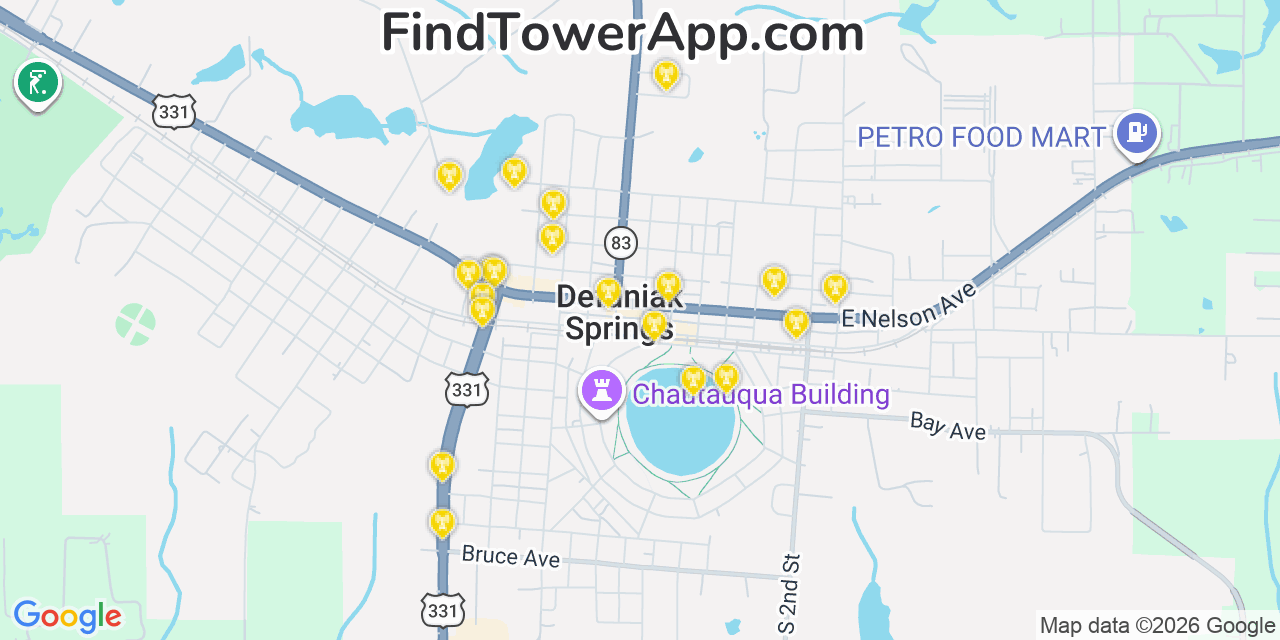 Map showing the 20 primary cell tower locations detected in Defuniak Springs, Florida from AT&T, Verizon, and T-Mobile networks