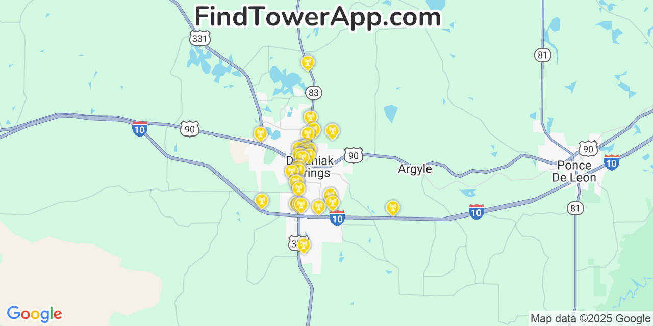 Map showing the 32 primary T-Mobile cell tower locations detected in Defuniak Springs, Florida with coverage radius and signal strength indicators