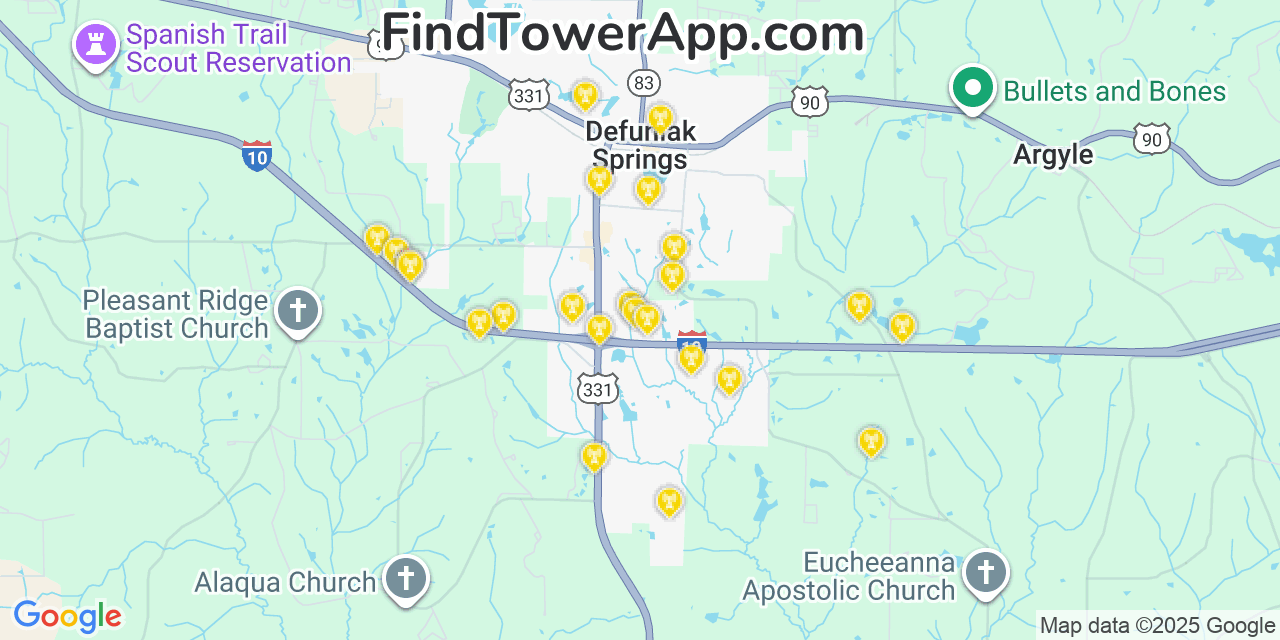 Map showing the 24 primary Verizon cell tower locations detected in Defuniak Springs, Florida with coverage radius and signal strength indicators