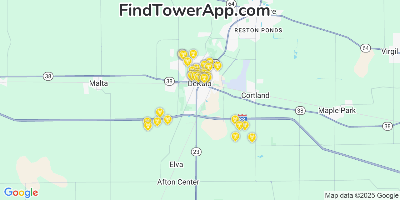 Map showing the 22 primary AT&T cell tower locations detected in Dekalb, Illinois with coverage radius and signal strength indicators