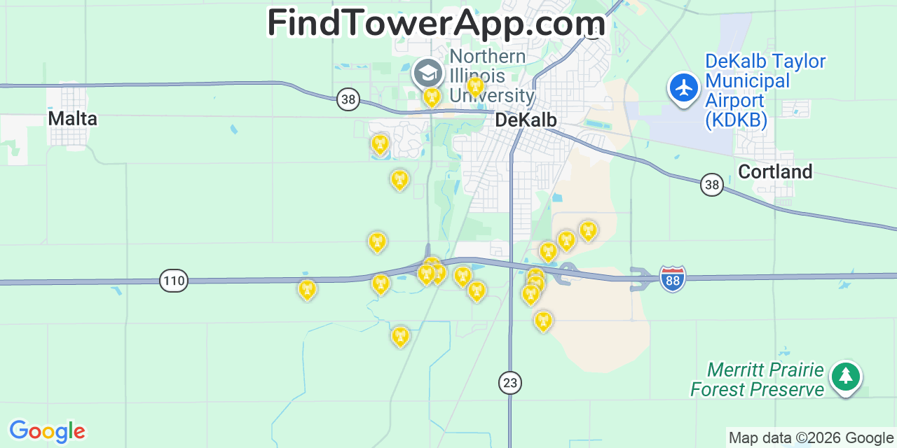 Map showing the 20 primary cell tower locations detected in Dekalb, Illinois from AT&T, Verizon, and T-Mobile networks
