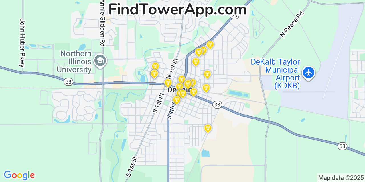 Map showing the 23 primary T-Mobile cell tower locations detected in Dekalb, Illinois with coverage radius and signal strength indicators