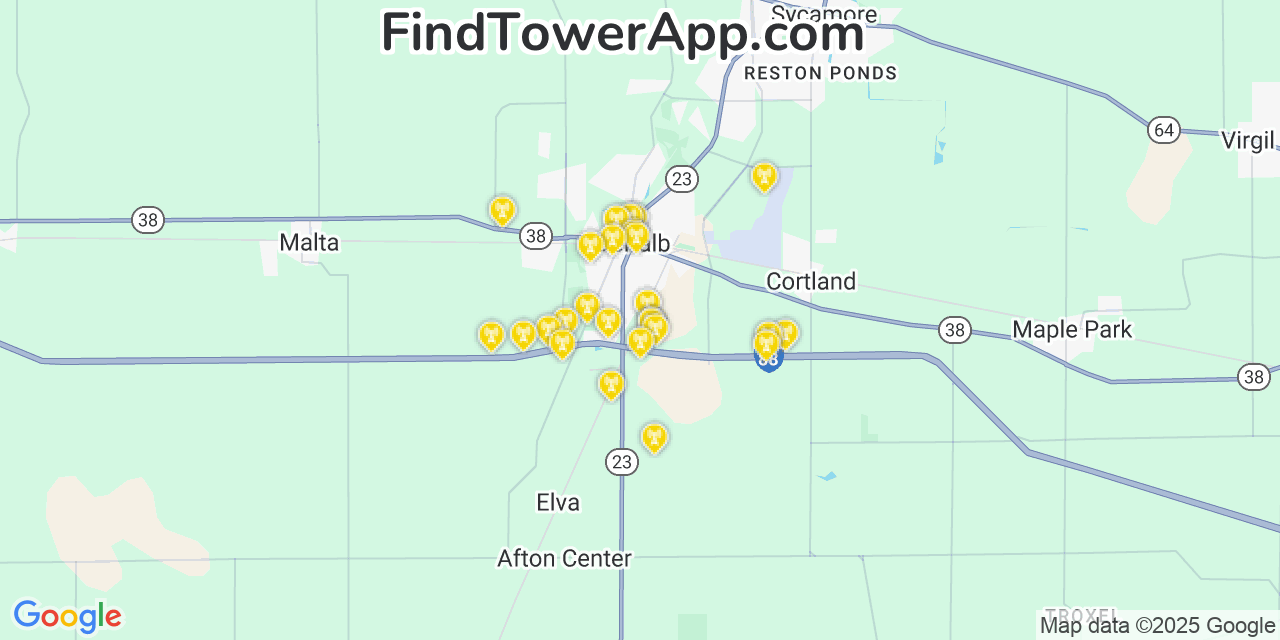 Map showing the 21 primary Verizon cell tower locations detected in Dekalb, Illinois with coverage radius and signal strength indicators