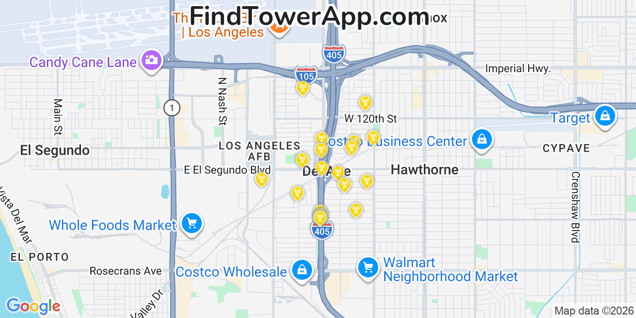 Map showing the 20 primary cell tower locations detected in Del Aire, California from AT&T, Verizon, and T-Mobile networks