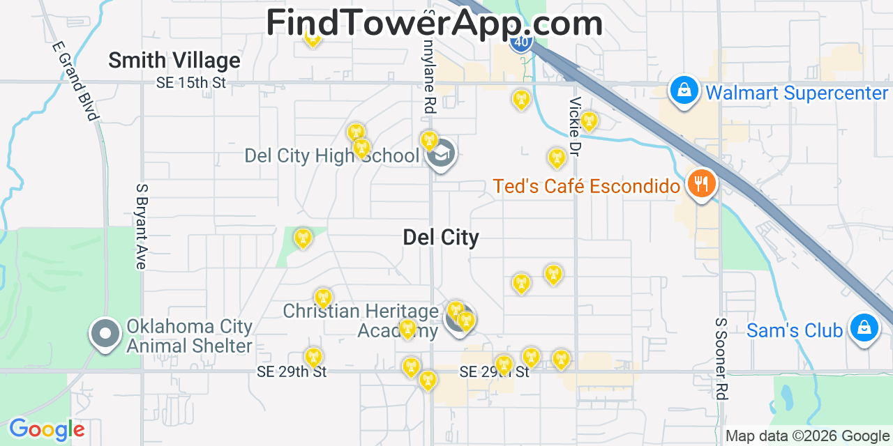 Map showing the 20 primary cell tower locations detected in Del City, Oklahoma from AT&T, Verizon, and T-Mobile networks