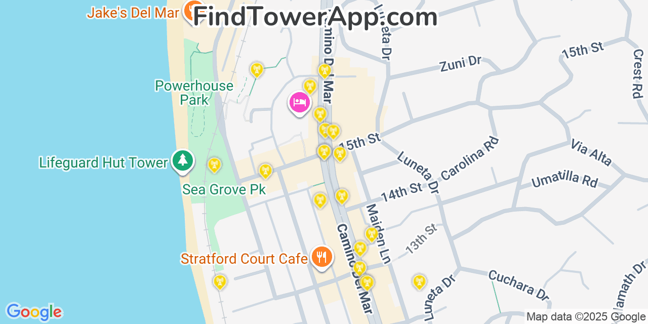 Map showing the 20 primary cell tower locations detected in Del Mar, California from AT&T, Verizon, and T-Mobile networks