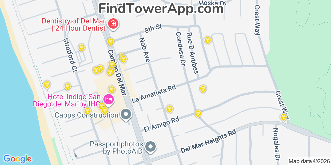 Map showing the 20 primary cell tower locations detected in Del Mar, California from AT&T, Verizon, and T-Mobile networks