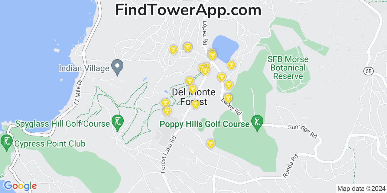 AT&T 4G/5G cell tower coverage map Del Monte Forest, California