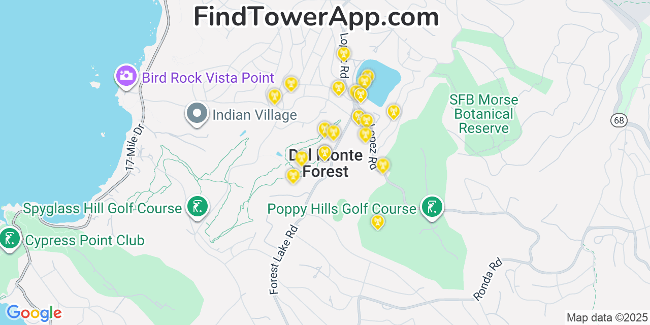 Map showing the 20 primary cell tower locations detected in Del Monte Forest, California from AT&T, Verizon, and T-Mobile networks