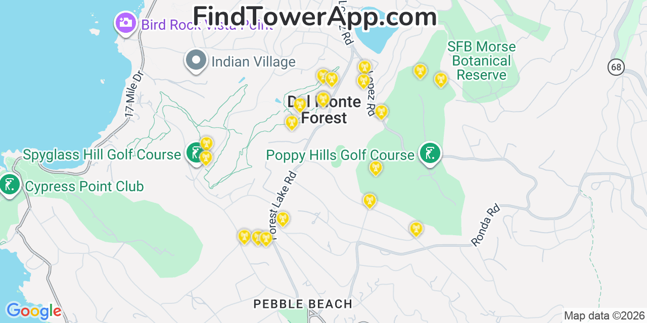 Map showing the 20 primary cell tower locations detected in Del Monte Forest, California from AT&T, Verizon, and T-Mobile networks