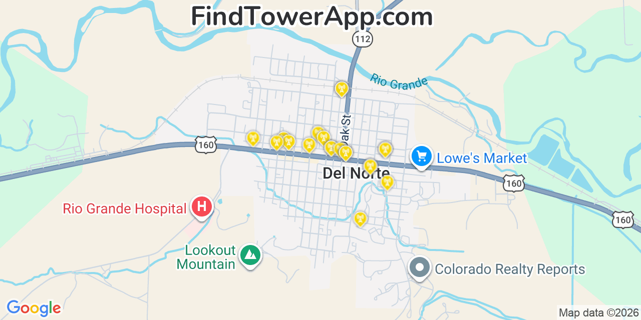 Map showing the 20 primary cell tower locations detected in Del Norte, Colorado from AT&T, Verizon, and T-Mobile networks