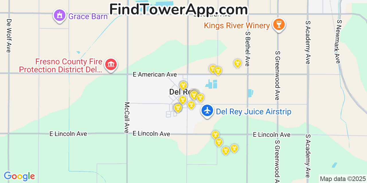 Map showing the 20 primary cell tower locations detected in Del Rey, California from AT&T, Verizon, and T-Mobile networks