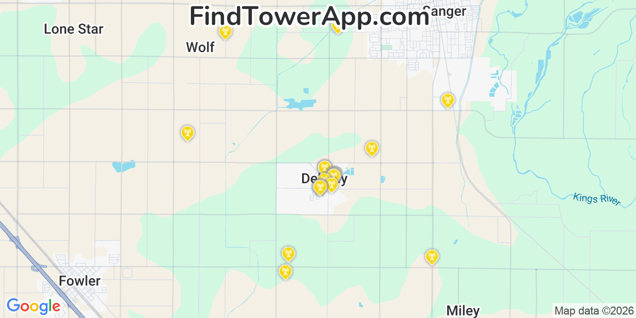 Map showing the 20 primary cell tower locations detected in Del Rey, California from AT&T, Verizon, and T-Mobile networks